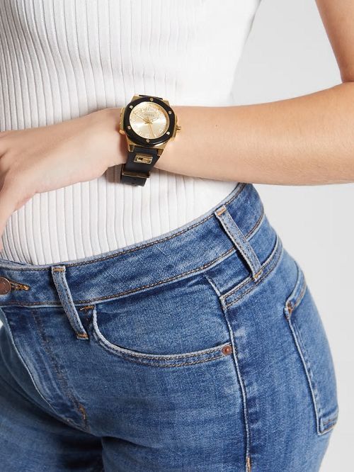 Guess Gold-Tone and Black Silicone Analog Watch Negrii | GUESS-SN30000