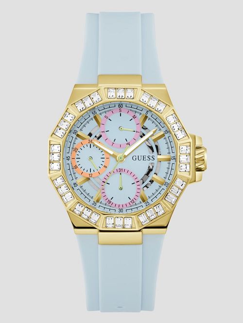 Guess Gold-Tone and Blue Silicone Multifunction Watch Albastri | GUESS-SN29996