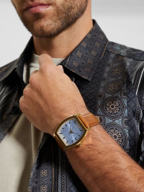 Guess Gold-Tone and Brown Leather Analog Watch Gri | GUESS-SN31669