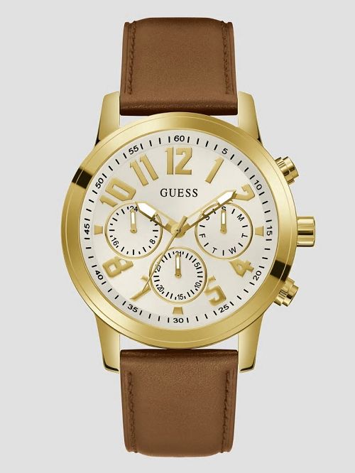 Guess Gold-Tone and Brown Leather Multifunction Watch Aurii | GUESS-SN31655