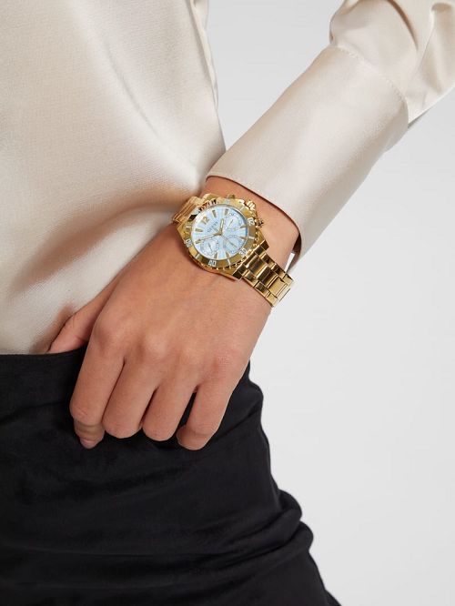 Guess Gold-Tone and Light Blue Multifunction Watch Aurii | GUESS-SN29975