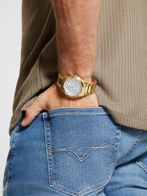 Guess Gold-Tone and Textured Blue Multifunction Watch Aurii | GUESS-SN31666