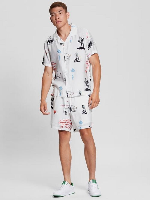 Guess Graffiti Sandwashed Woven Shorts Albi | GUESS-SN31332
