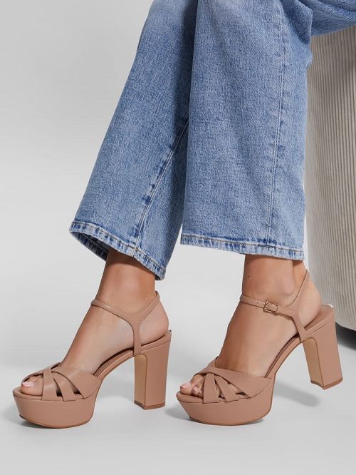 Guess Haylo Crisscross Platform Block Heels Bej | GUESS-SN29655