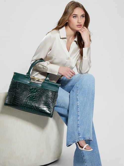 Guess Isa Crocodile-Embossed Leather Satchel Gri | GUESS-SN29231