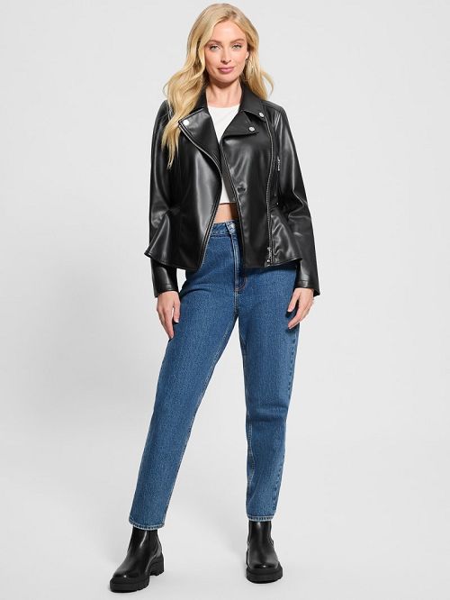 Guess Ivy Faux-Leather Peplum Moto Jacket Negrii | GUESS-SN28079