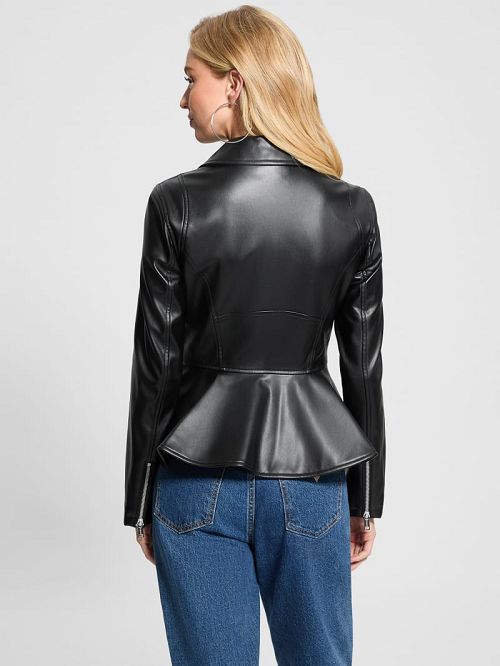Guess Ivy Faux-Leather Peplum Moto Jacket Negrii | GUESS-SN28079