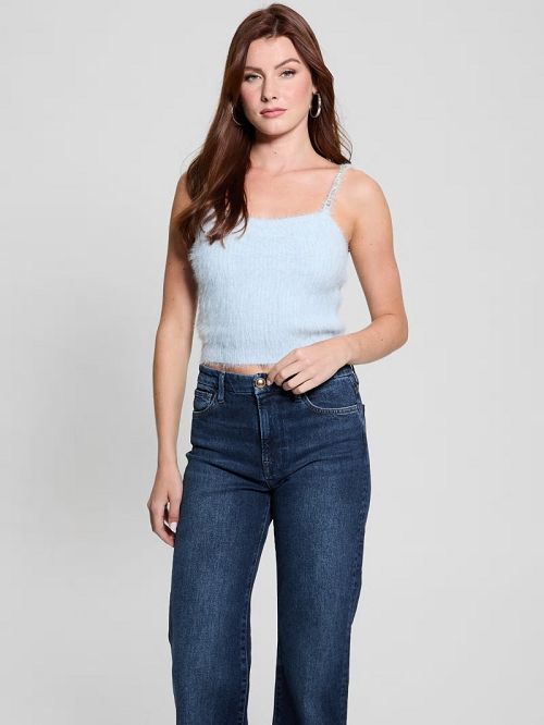 Guess Keyla Fuzzy Sweater Crop Cami Albastri | GUESS-SN27252