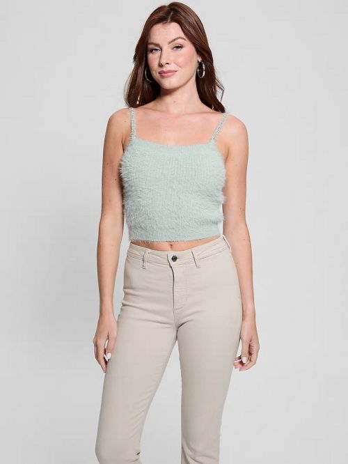 Guess Keyla Fuzzy Sweater Crop Cami Verzi | GUESS-SN27743