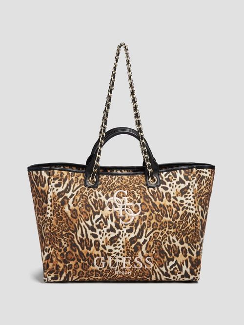 Guess Leopard Canvas Beach Tote Maro | GUESS-SN29378