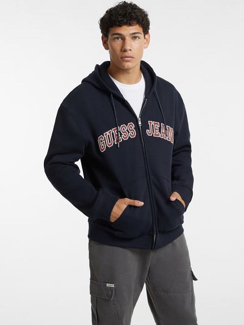 Guess Logo Patch Zip-Up Hoodie Albastri | GUESS-SN30926
