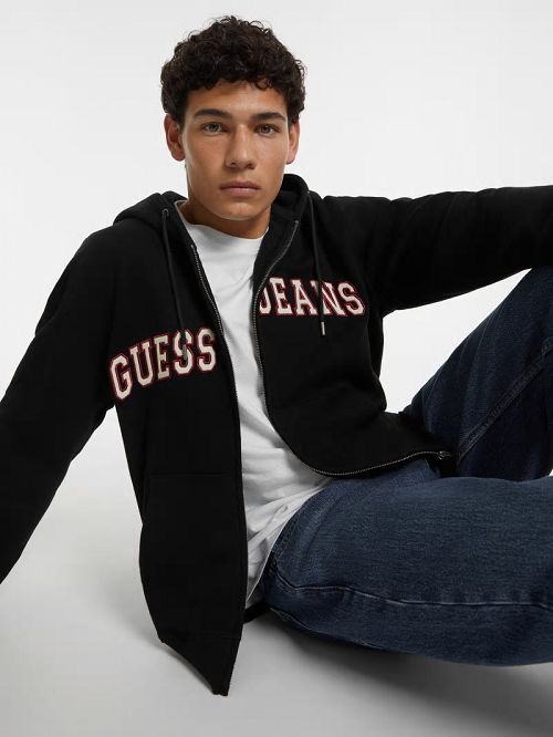 Guess Logo Patch Zip-Up Hoodie Negrii | GUESS-SN30920