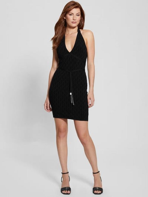 Guess Lucia Belted Wavy Sweater Dress Negrii | GUESS-SN27038