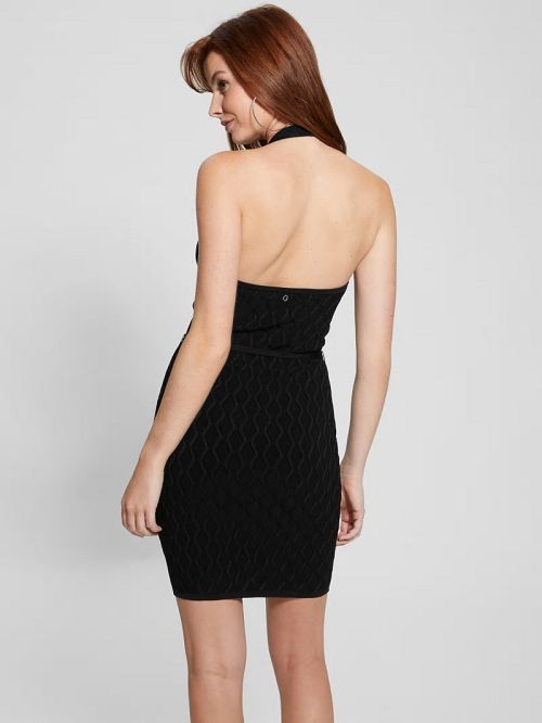 Guess Lucia Belted Wavy Sweater Dress Negrii | GUESS-SN27038