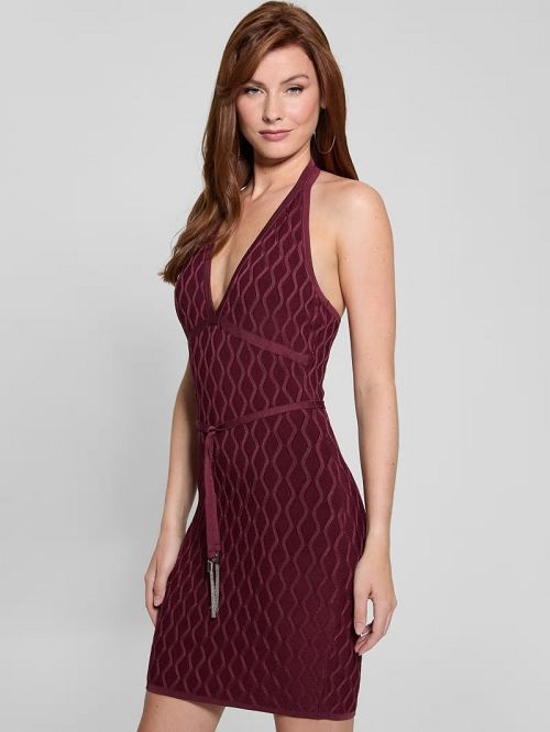 Guess Lucia Belted Wavy Sweater Dress Rosii | GUESS-SN27045