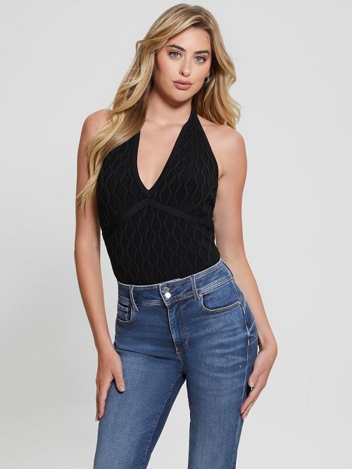 Guess Lucia Wavy Sweater Halter Top Negrii | GUESS-SN27610