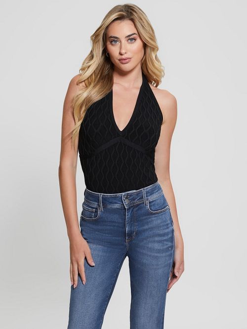 Guess Lucia Wavy Sweater Halter Top Negrii | GUESS-SN27610