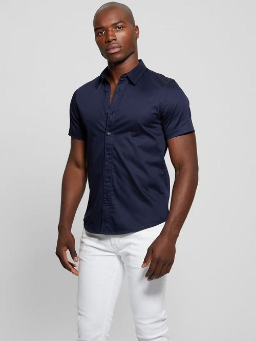 Guess Luxe Stretch Short-Sleeve Shirt Albastri | GUESS-SN31266