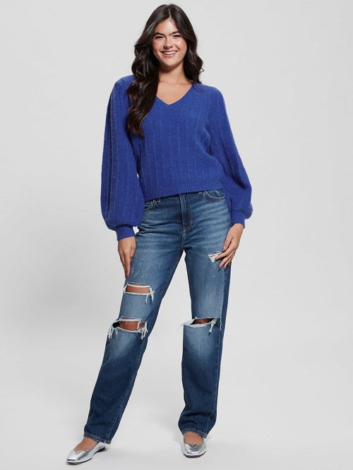 Guess Madeline Textured V-Neck Sweater Albastri | GUESS-SN27762