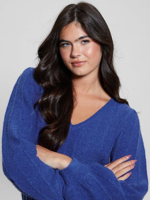 Guess Madeline Textured V-Neck Sweater Albastri | GUESS-SN27762