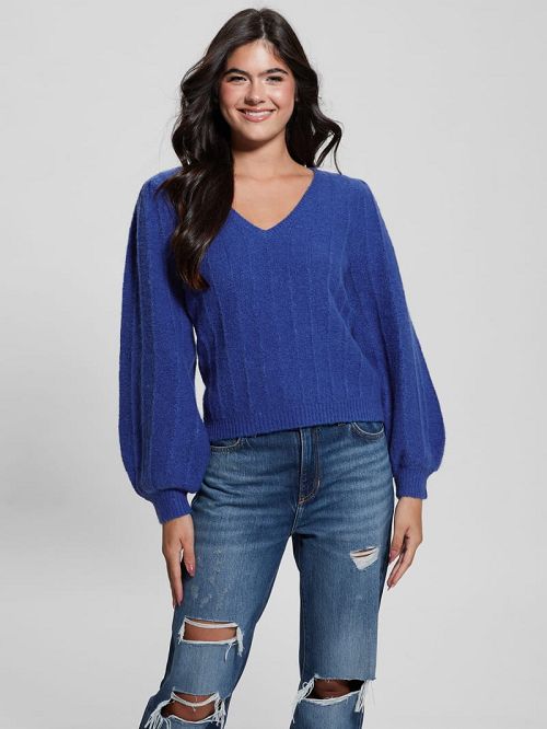Guess Madeline Textured V-Neck Sweater Albastri | GUESS-SN27762