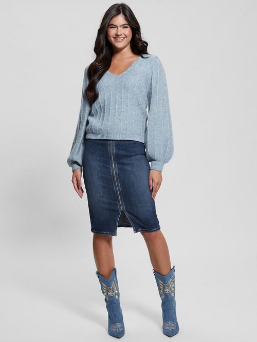 Guess Madeline Textured V-Neck Sweater Albastri | GUESS-SN27766