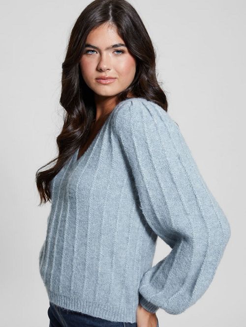 Guess Madeline Textured V-Neck Sweater Albastri | GUESS-SN27766