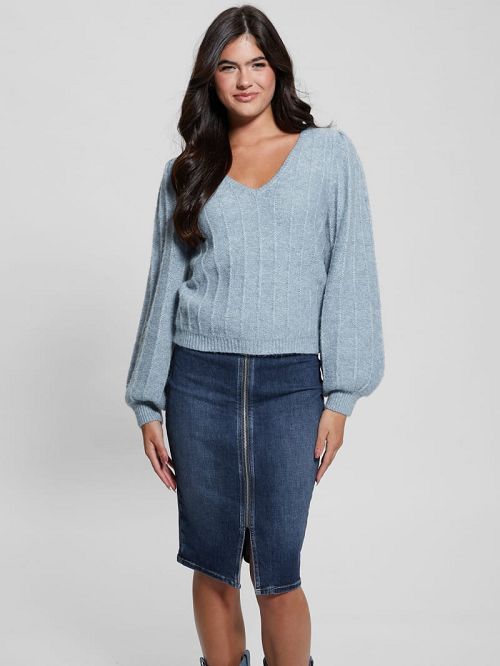 Guess Madeline Textured V-Neck Sweater Albastri | GUESS-SN27766