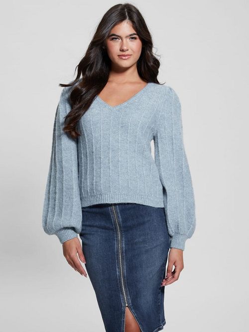 Guess Madeline Textured V-Neck Sweater Albastri | GUESS-SN27766