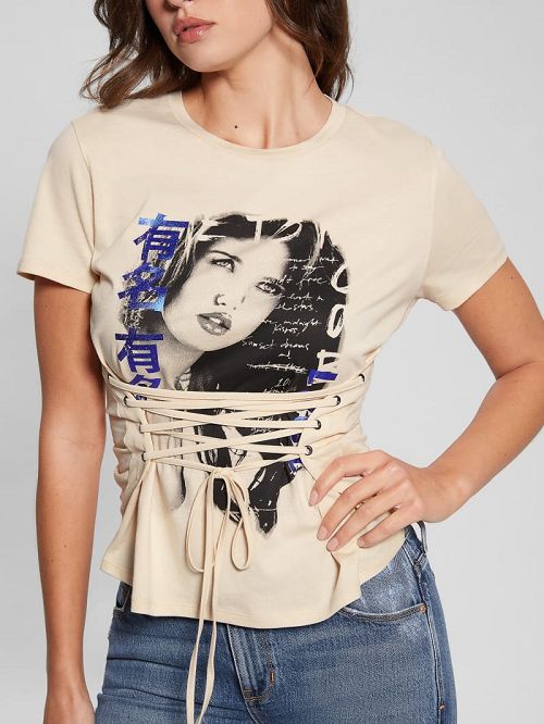 Guess Manga Girl Lace-Up Tee Bej | GUESS-SN27361