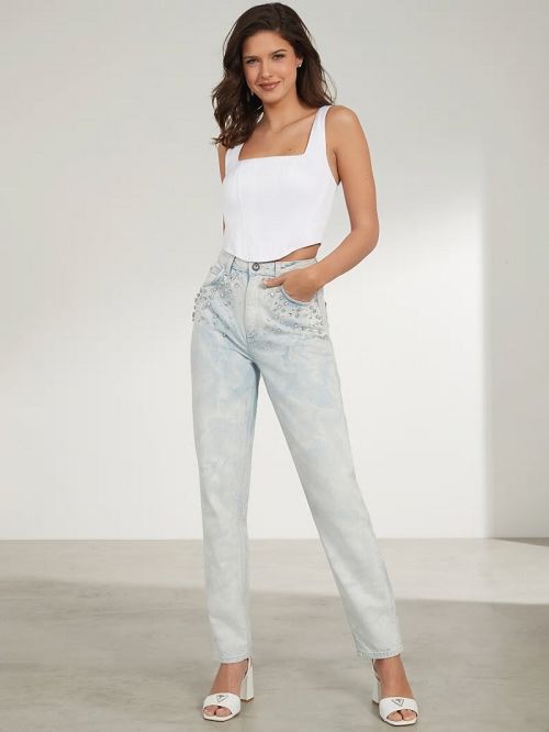 Guess Mom Rhinestone Jeans Albastri | GUESS-SN26608