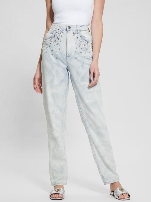 Guess Mom Rhinestone Jeans Albastri | GUESS-SN26608