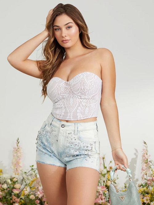 Guess Mom Rhinestone Shorts Albastri | GUESS-SN28102