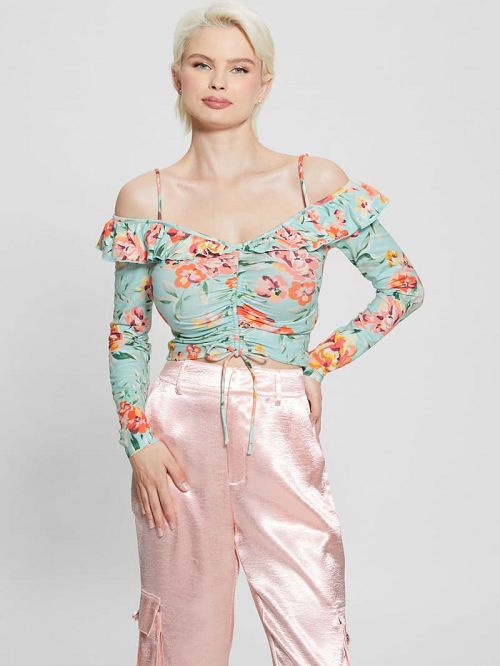 Guess Off-the-Shoulder Ruffle Shaina Top Albastri | GUESS-SN27087