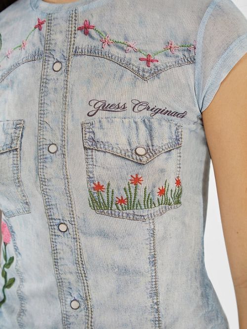 Guess Originals Printed Denim Mesh Top Albastri | GUESS-SN27120