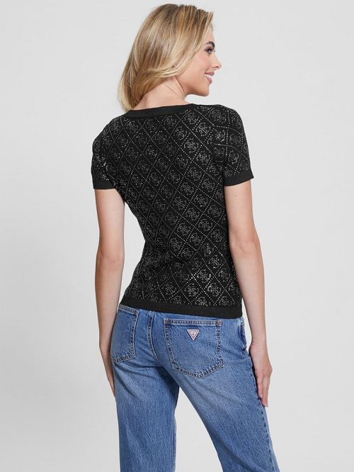 Guess Paige Quattro Rhinestone Top Negrii | GUESS-SN27611