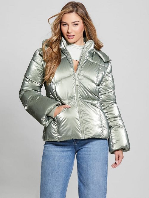 Guess Paloma Nylon Puffer Hooded Jacket Verzi | GUESS-SN27920