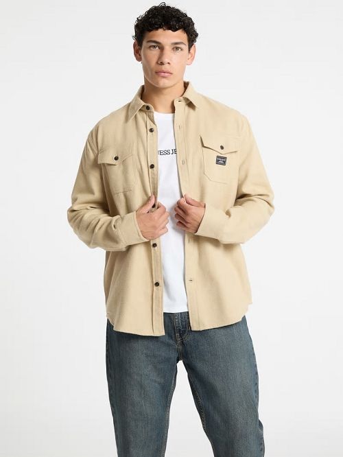 Guess Plaid Long-Sleeve Pocket Shirt Bej | GUESS-SN30907