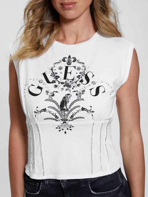 Guess Queen Graphic Corset Tee Albi | GUESS-SN27048