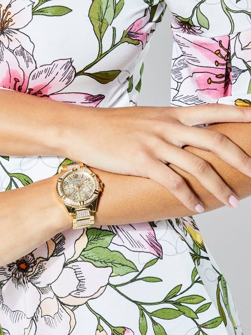 Guess Rhinestone Gold-Tone Multifunction Watch Aurii | GUESS-SN30010