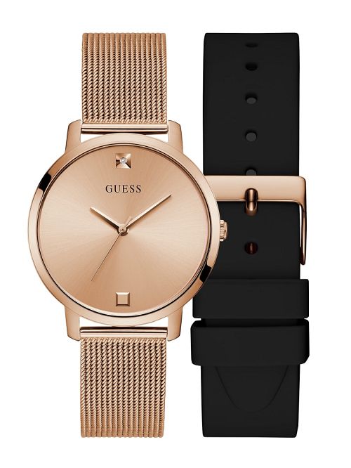 Guess Rose Gold-Tone Analog Watch with Black Silicone Strap Roz Aurii | GUESS-SN30012