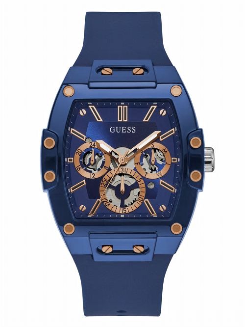 Guess Rose Gold-Tone and Blue Silicone Multifunction Watch Albastri | GUESS-SN31644