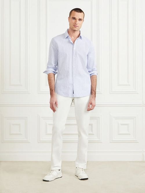Guess Seersucker Italian Notched Cuff Shirt Albastri | GUESS-SN31160