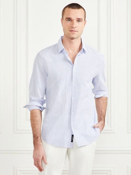 Guess Seersucker Italian Notched Cuff Shirt Albastri | GUESS-SN31160
