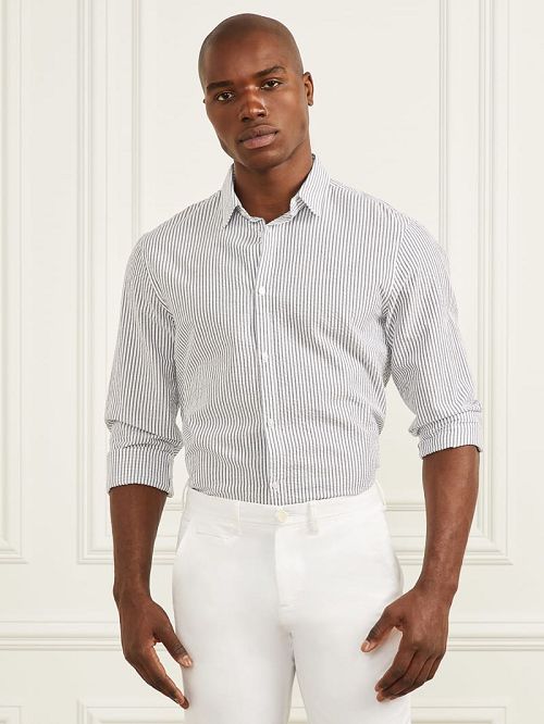 Guess Seersucker Italian Notched Cuff Shirt Albastri | GUESS-SN31233