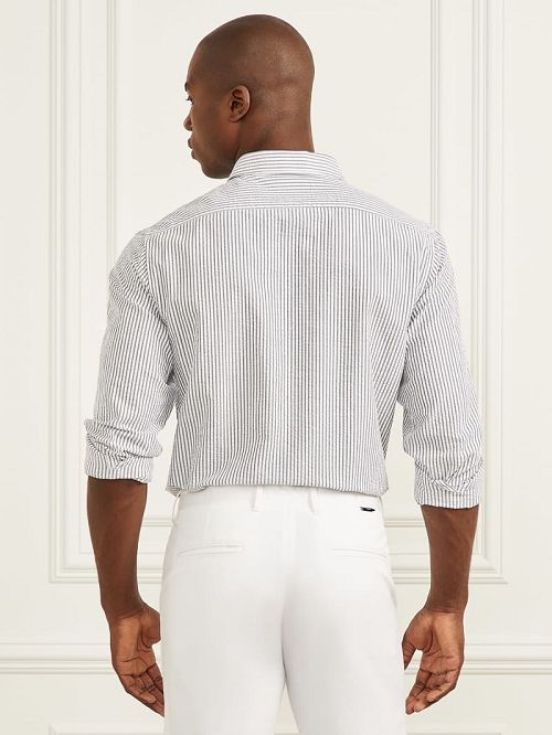 Guess Seersucker Italian Notched Cuff Shirt Albastri | GUESS-SN31233