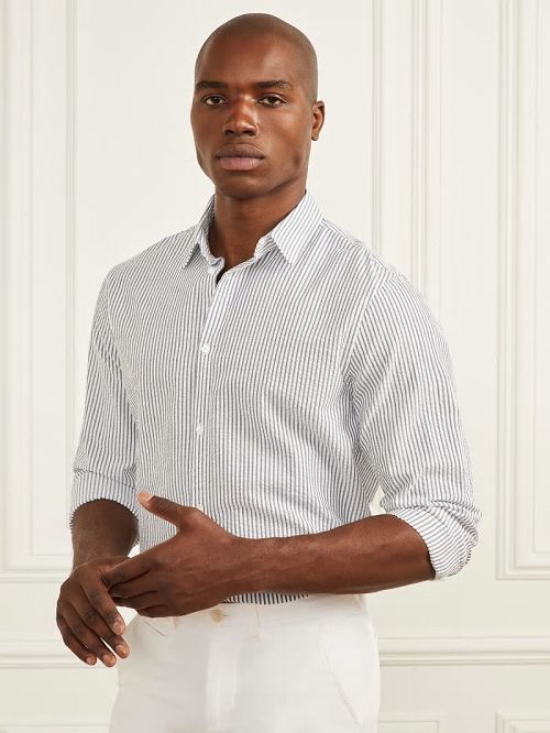 Guess Seersucker Italian Notched Cuff Shirt Albastri | GUESS-SN31233