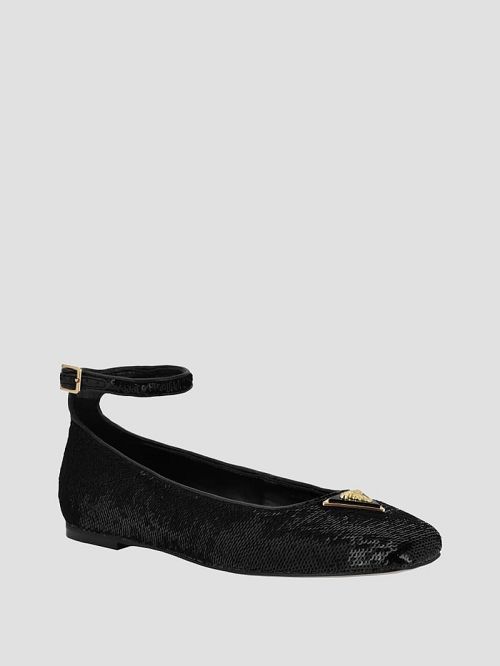 Guess Sequin Ankle Strap Ballet Flats Negrii | GUESS-SN29885
