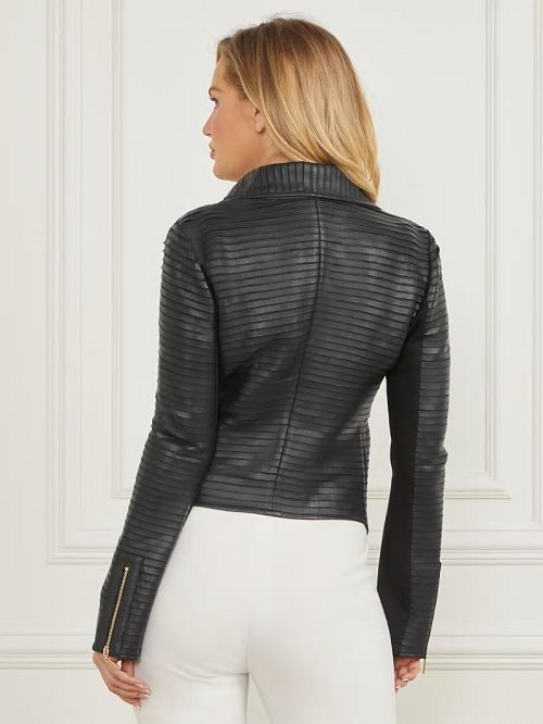 Guess Shayna Drape Leather Jacket Negrii | GUESS-SN28019