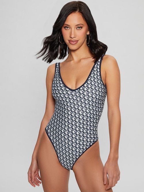 Guess Signature Printed One-Piece Albastri | GUESS-SN28536